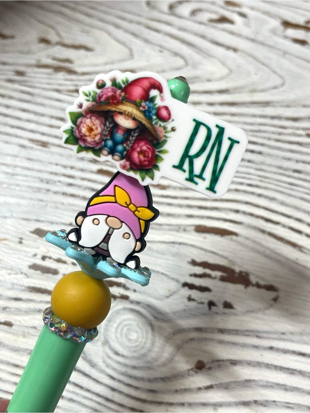 RN Nurse Gnome Pen Topper with Pink and Green Accents